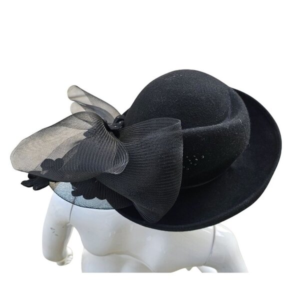 Signature Deborah Black Felt Kettle Brim Hat Sz 22.5" Crinoline Black Rhinestone - Picture 3 of 11